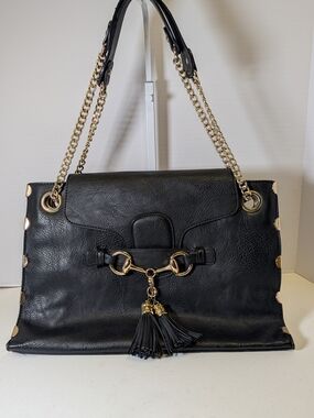 Black Leather Shoulder Bag with Gold Chain and Tassel